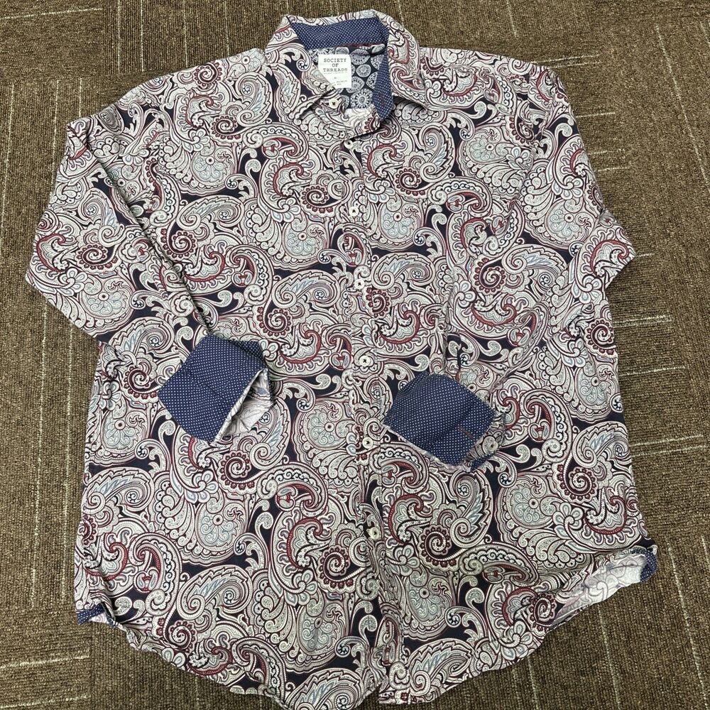 Society Of Threads Shirt Mens Large 16.5 34/35 Paisley Stretch Long Sleeve Dress